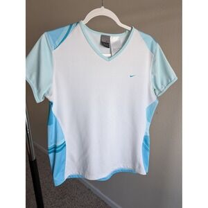 Nike Dri-FIT Womens V-Neck Athletic T-Shirt White Blue Circle Print Size Medium